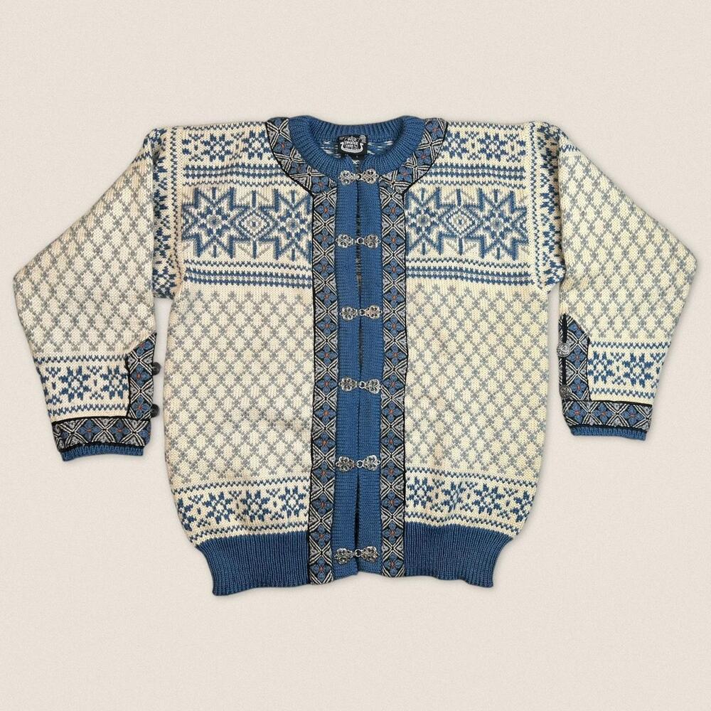 Vintage Fair Isle Cream Blue Wool Setesdal Cardigan Oslo Sweater Size Large / 44